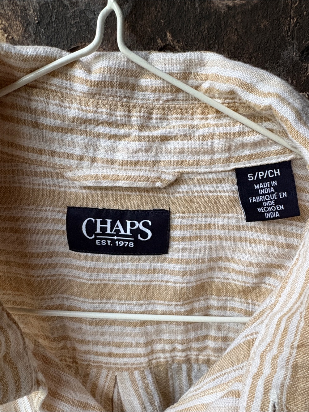 Chaps Linen Blend Short Sleeve Button Down Shirt in Cream and Tan Stripes, Small - Picture 2 of 5
